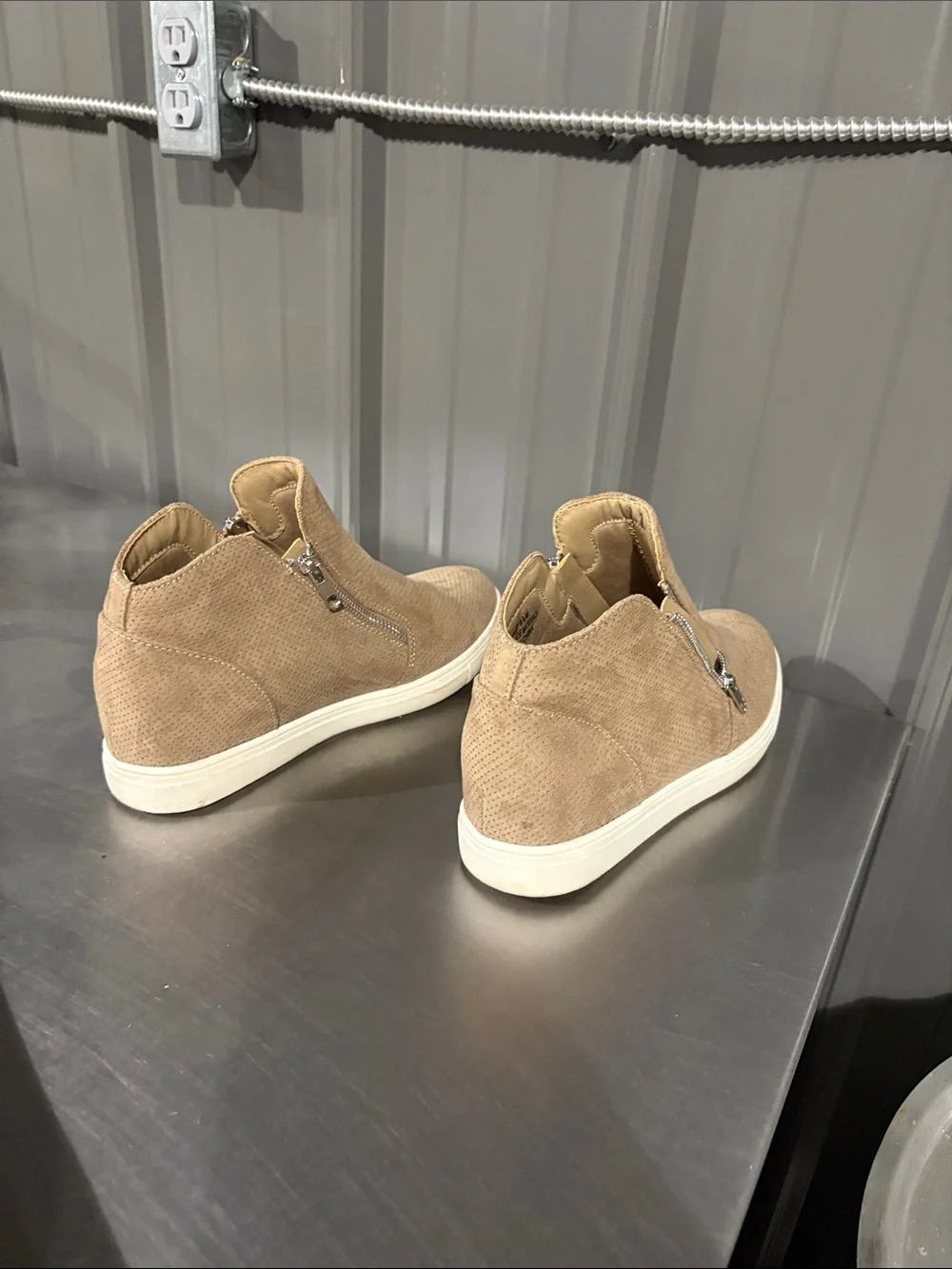 Casual Tan Wedge Sneaker Booties with Side Zip